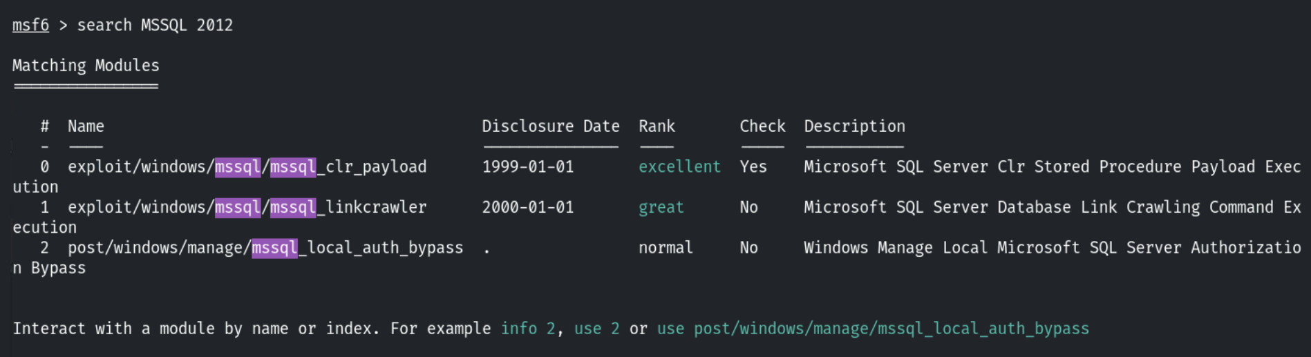 searching for MSSQL 2012